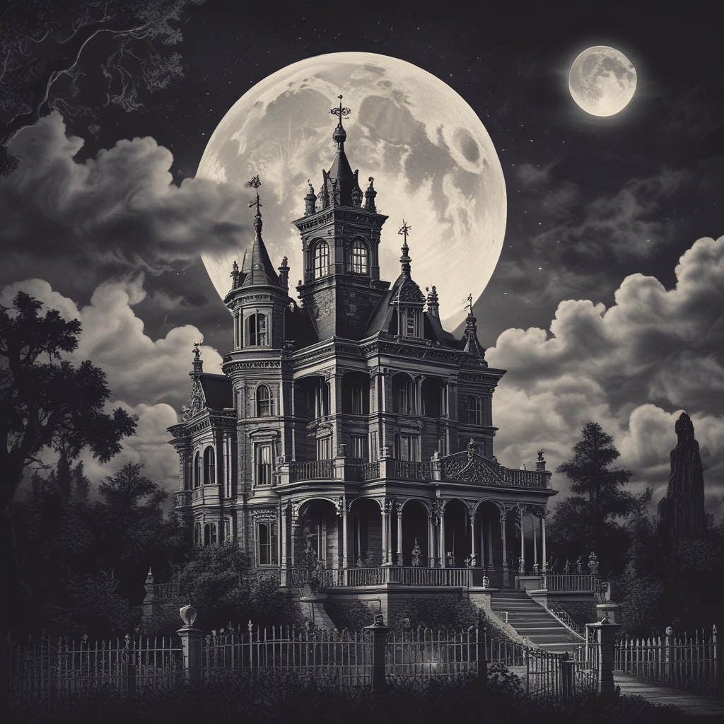 Haunted mansion against a dark moonlit sky